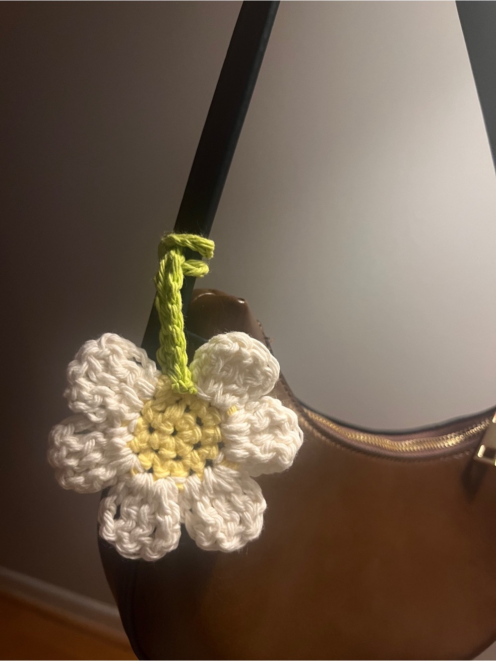 Handcrafted Crochet Daisy Bag Charm in White and Yellow. Whimsical!